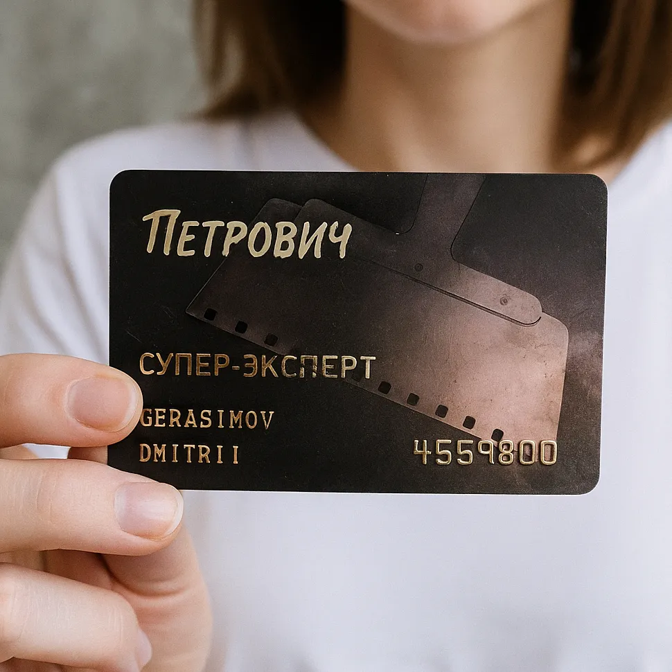 Девушка держит в руке карту Петрович со статусом Супер-Эксперт Петрович